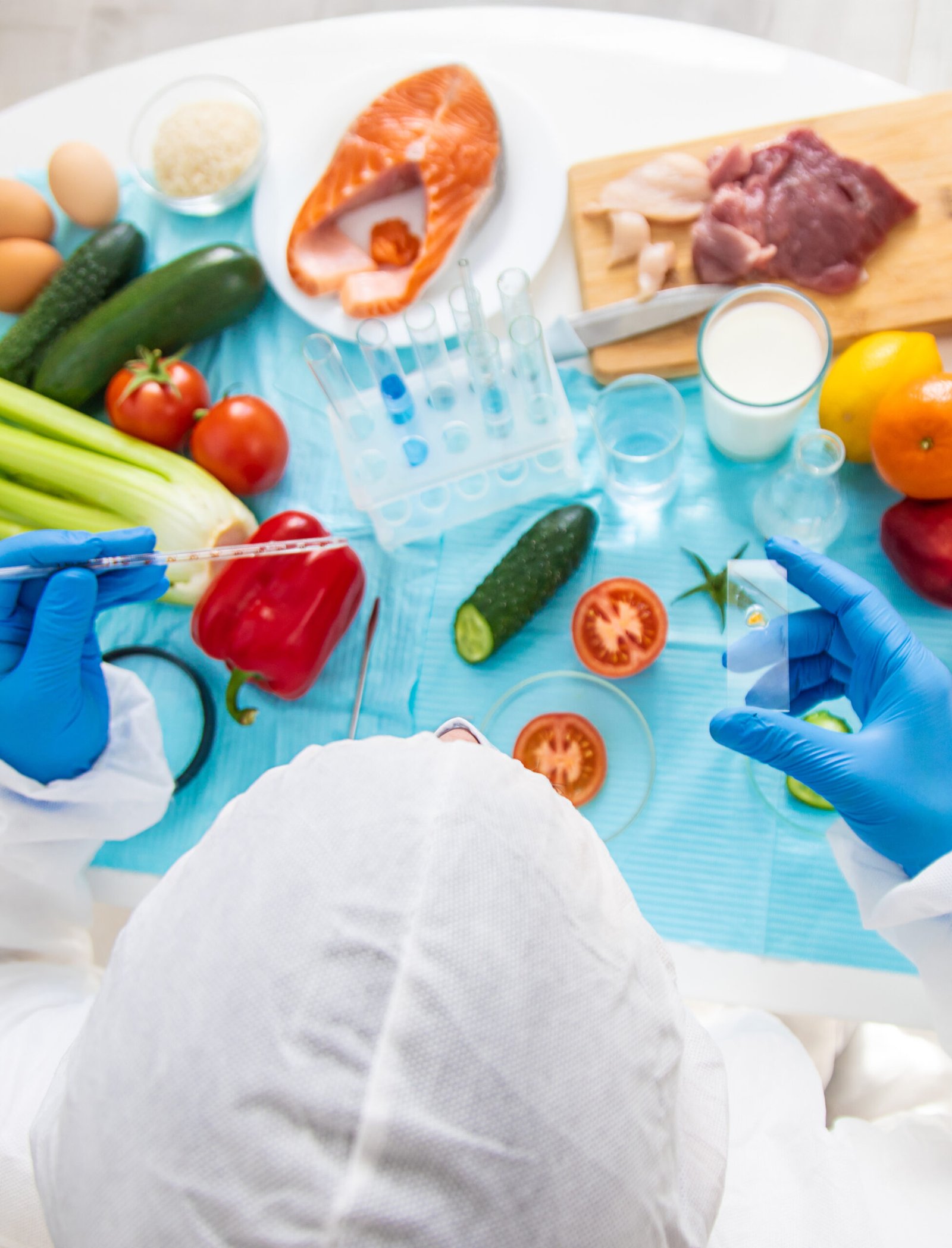 laboratory testing of different food products. Selective focus. people.